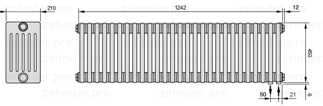 Схема (чертеж) Радиатор Zehnder Charleston 6045/27 №5510 Белый глянцевый RAL 9016